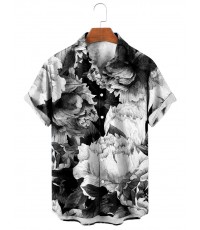 Men's Vintage Black and White Large Floral Mural Print Short Sleeve Shirt